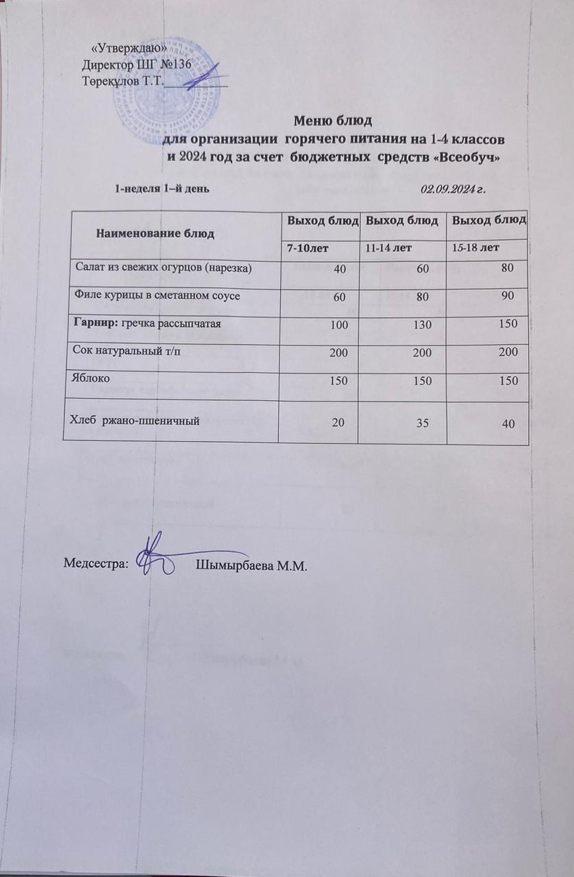 асхана мәзірі 02-06.09.2024