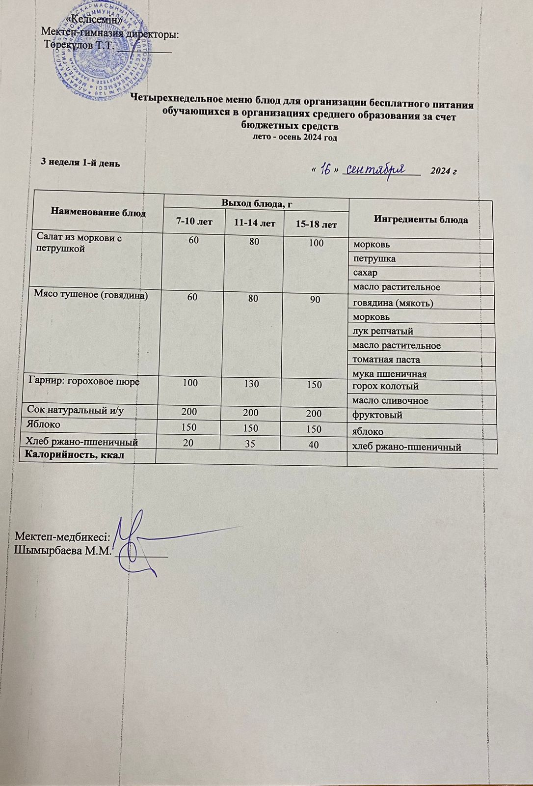 мектеп асханасының ас мәзірі 16-20.09.2024