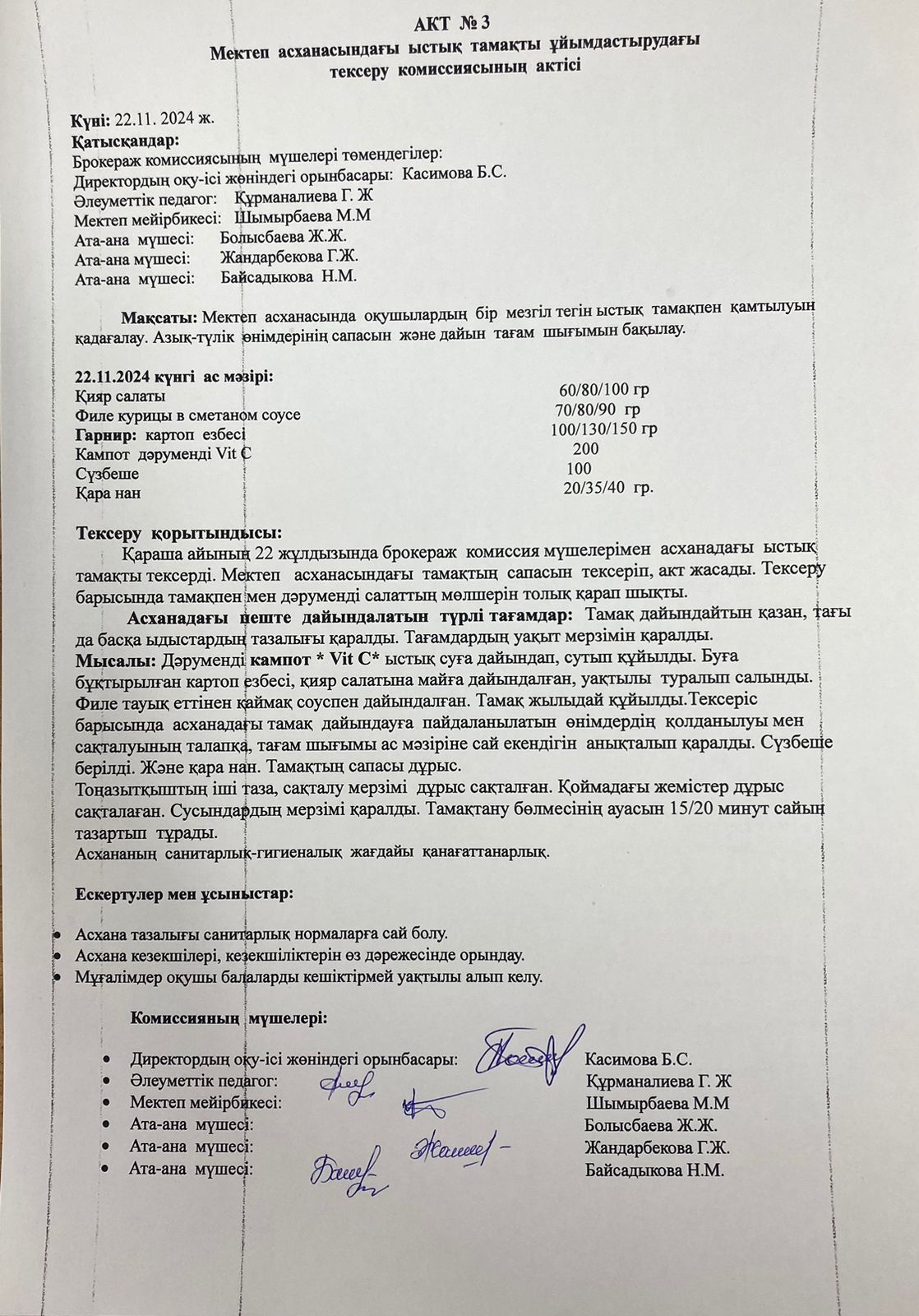 тамақтануды ұйымдастыруды тексеру комиссиясының актісі