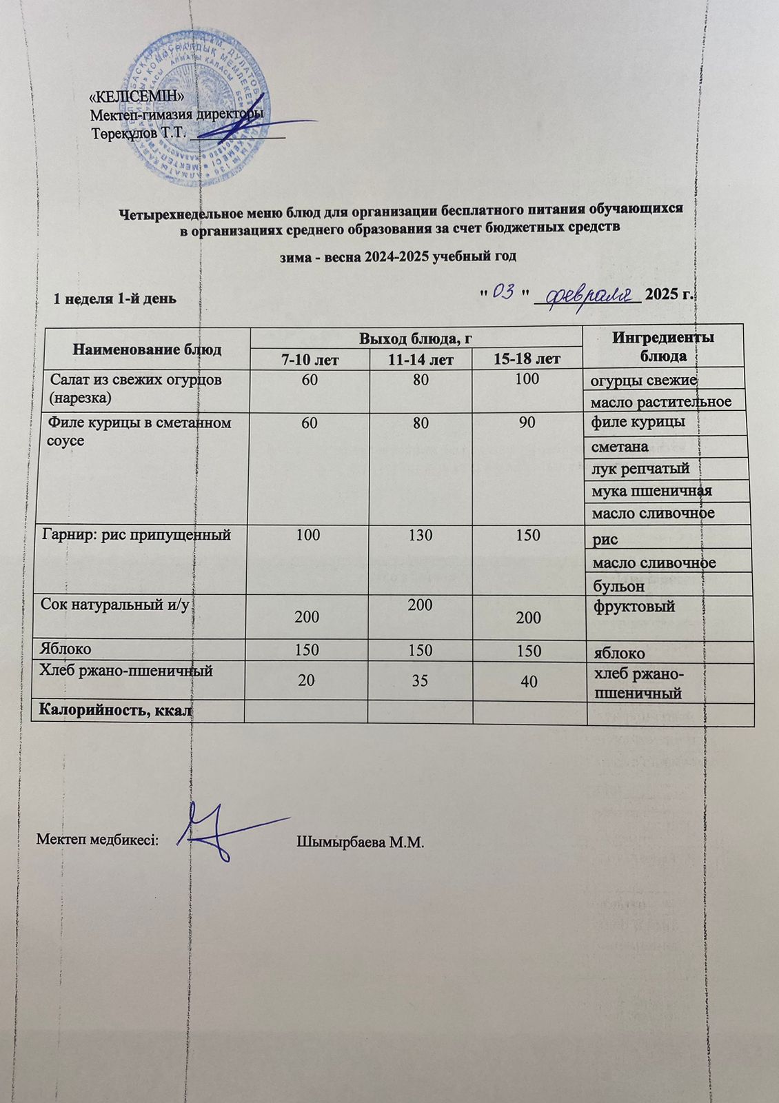 03.02.2025ж. Мектеп асхана мәзірі