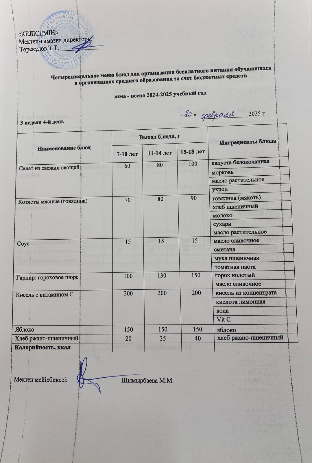 20.02.2025 ж. Мектеп асхана мәзірі